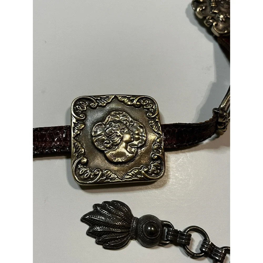 Brighton Concho Belt M Brown Leather Silver-Tone Medallion Western Vintage 1993